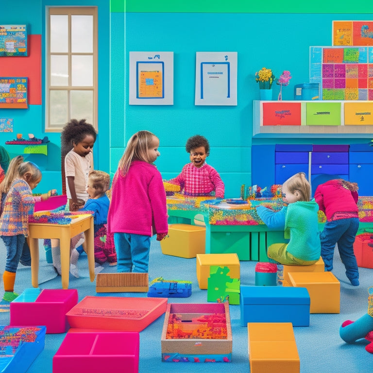 A colorful illustration of a vibrant elementary classroom with diverse students engaged in various math activities: building blocks, measuring with rulers, counting with abacuses, and solving puzzles on a collaborative mural.