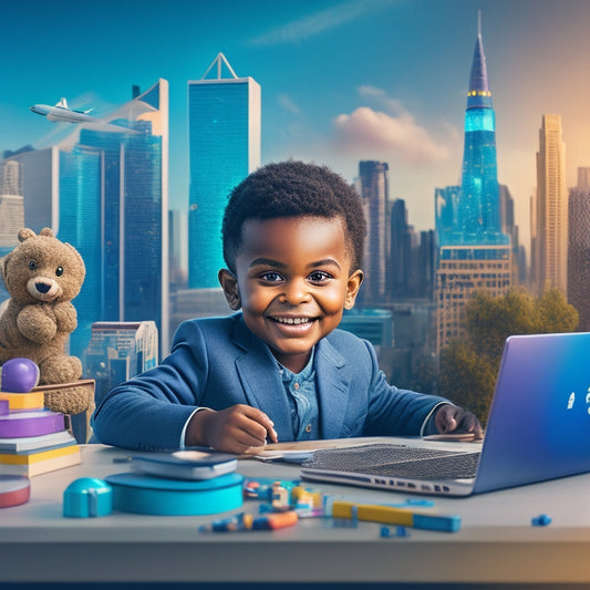 An illustration of a smiling child sitting at a desk surrounded by laptops, tablets, and educational toys, with a cityscape or futuristic background hinting at endless learning opportunities.