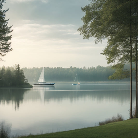 A serene lake landscape with a subtle mist, surrounded by lush green trees and a few sailboats in the distance, with a modern college building in the background, featuring large windows and a sleek design.