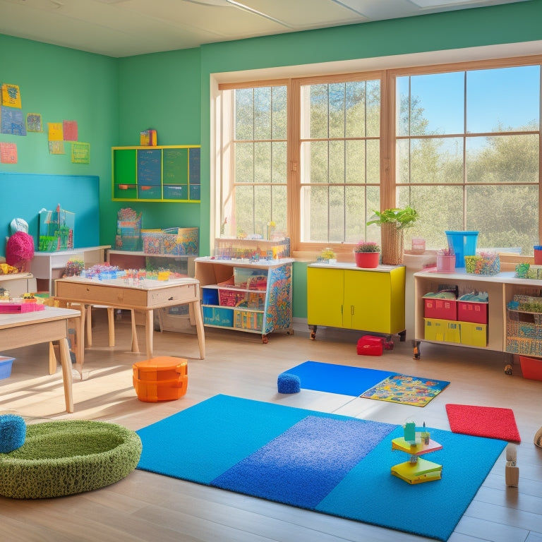 A colorful, clutter-free classroom with various math-themed manipulatives, such as geometric shapes, number lines, and pattern blocks, arranged on tables and shelves, surrounded by natural light and plants.