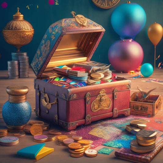 A stylized, vibrant illustration of a treasure chest overflowing with various educational tools, such as piggy banks, calculators, and miniature graphs, surrounded by stacks of coins and confetti.
