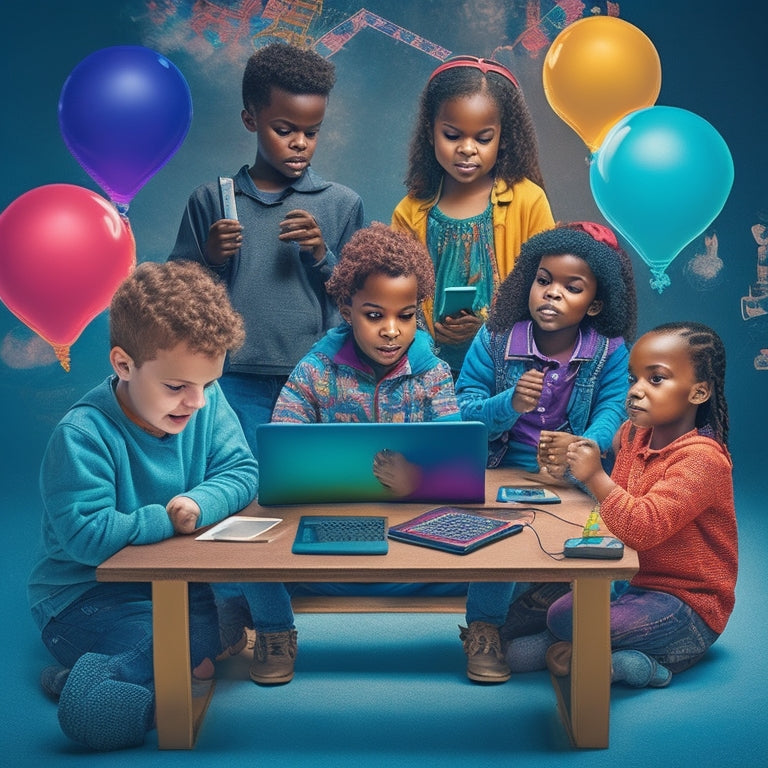 A colorful illustration of diverse children aged 6-12, surrounded by laptops, tablets, and smartphones, engaged in collaborative problem-solving activities, with thought bubbles, gears, and lightbulbs symbolizing critical thinking.