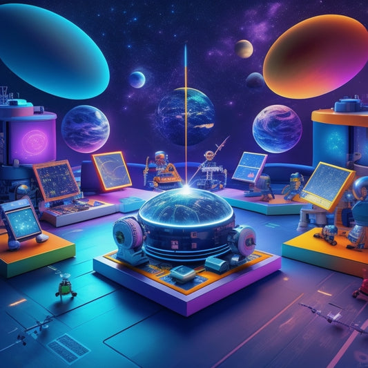 A colorful, futuristic illustration of a kid's virtual learning space, featuring a tablet surrounded by robots, coding blocks, and orbiting planets, set against a starry night sky with subtle circuit board patterns.