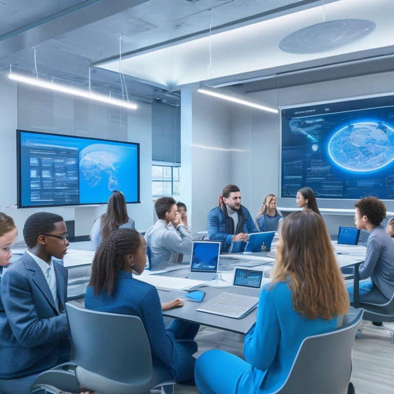 A futuristic classroom with holographic screens, virtual reality headsets, and interactive whiteboards, surrounded by diverse students collaborating and engaging with 3D models, graphs, and videos.