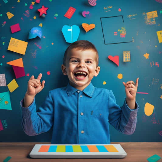 A colorful illustration of a smiling child holding a tablet, surrounded by math-related icons (e.g., numbers, shapes, graphs) and confetti, with a subtle background of a chalkboard or graph paper.