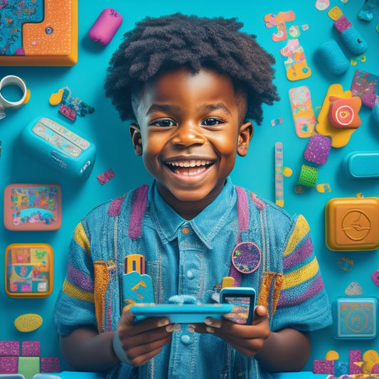 A colorful illustration of a smiling child surrounded by various tablets and smartphones, with multiple educational apps open, showcasing diverse learning activities, such as puzzles, games, and interactive lessons.