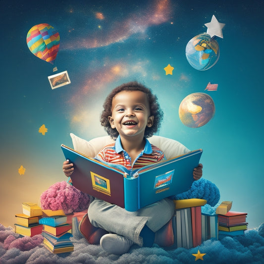 A whimsical illustration of a smiling child sitting on a pile of colorful books, surrounded by floating e-book icons, a tablet, and a globe, amidst a subtle background of stars and clouds.