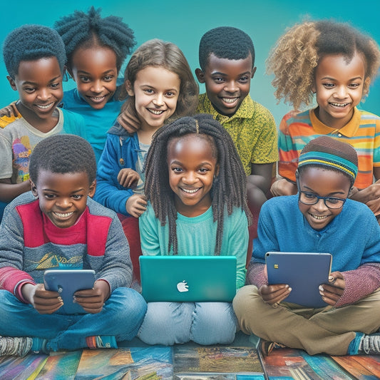A colorful illustration of a happy, diverse group of children aged 6-12, surrounded by laptops, tablets, and smartphones, with educational apps and games open on screens, amidst a background of books, pencils, and globes.