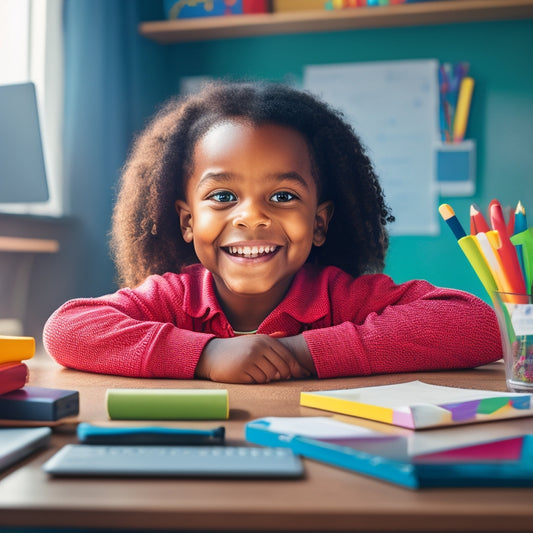 An illustration of a smiling elementary-aged child sitting at a desk, surrounded by colorful learning materials, with a laptop open to a virtual whiteboard, and a friendly virtual tutor's face on the screen.