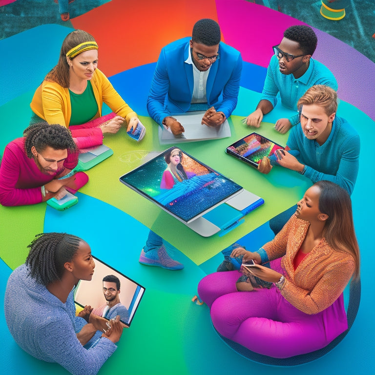 An illustration of a diverse group of students sitting in a circle, surrounded by laptops and tablets, engaged in a virtual lesson, with 3D avatars and colorful graphics swirling around them.