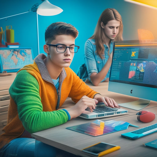 A colorful, modern illustration of a high school student sitting at a desk, surrounded by laptops, tablets, and smartphones, with various interactive tools and graphs displayed on the screens.