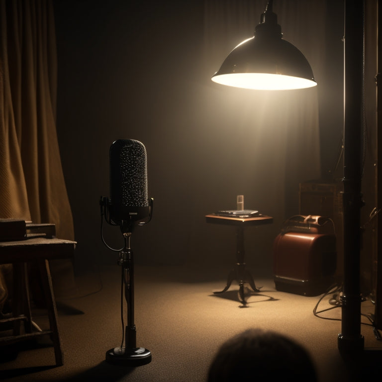 A spotlight shines on a microphone in a dimly lit recording studio, surrounded by character concept art and scripts, with a subtle hint of a faceless figure in the shadows, conveying creative intensity.