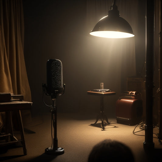 A spotlight shines on a microphone in a dimly lit recording studio, surrounded by character concept art and scripts, with a subtle hint of a faceless figure in the shadows, conveying creative intensity.