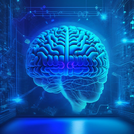 A futuristic, minimalist illustration featuring a stylized brain surrounded by swirling math symbols, gears, and circuits, with glowing blue lines and nodes connecting them, set against a dark blue background.