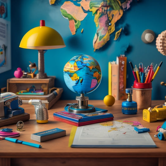 A colorful, clutter-free desk with a microscope, globe, and building blocks surrounded by curious toys and gadgets, with a subtle background of a chalkboard or a world map.