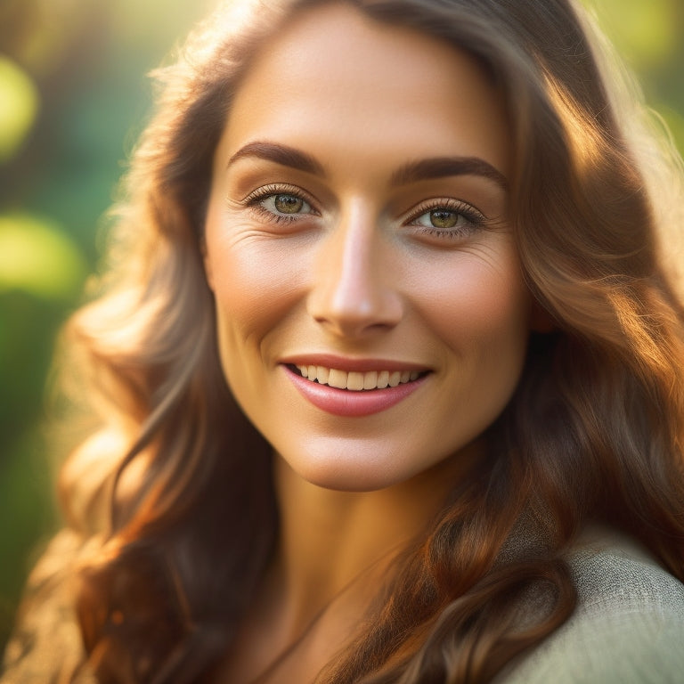 A serene forest backdrop with dappled light, a subject with a warm smile, and a shallow depth of field, capturing the essence of a perfect outdoor portrait.