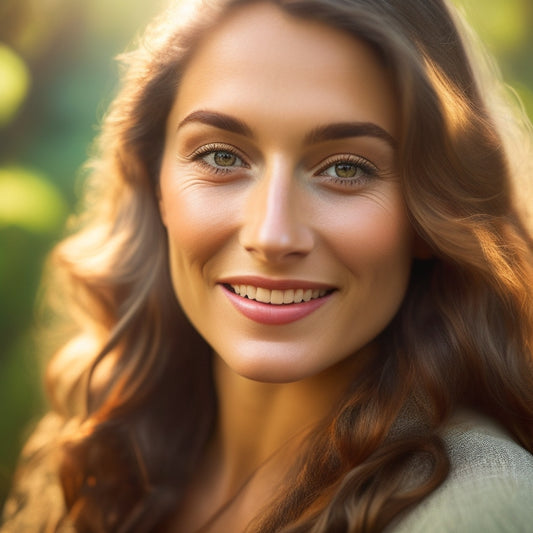 A serene forest backdrop with dappled light, a subject with a warm smile, and a shallow depth of field, capturing the essence of a perfect outdoor portrait.