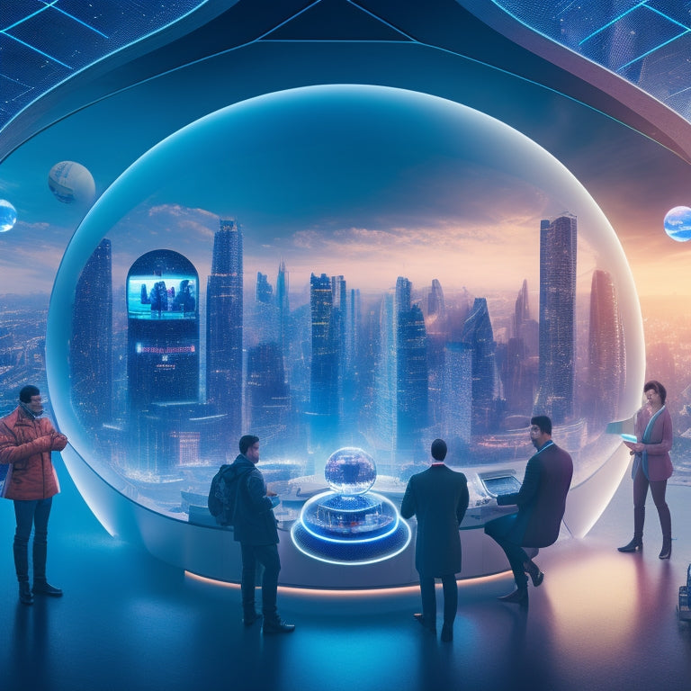 A futuristic, circular virtual learning space with diverse avatars, surrounded by swirling clouds of data, glowing orbs, and 3D models, amidst a cityscape backdrop with towering skyscrapers and neon lights.