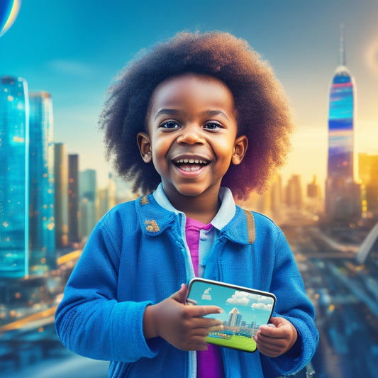 A colorful illustration of a happy child holding a tablet, surrounded by swirling shapes and icons representing coding, robotics, and math, with a subtle cityscape or futuristic background.