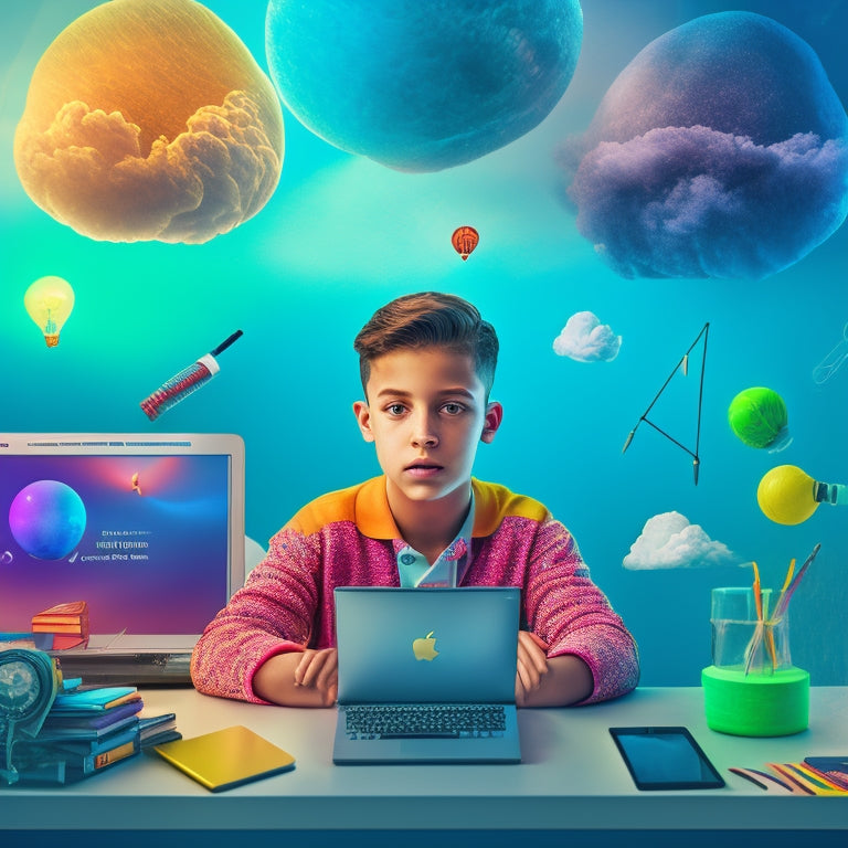 A colorful illustration of a middle schooler sitting at a desk, surrounded by laptops and tablets, with screens displaying various educational websites and apps, amidst a subtle background of swirling clouds and lightbulbs.