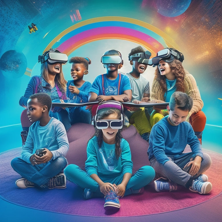 A bright, colorful illustration depicting a group of diverse kids (ages 8-12) sitting in a virtual reality circle, wearing VR headsets and holding controllers, surrounded by coding symbols and game elements.