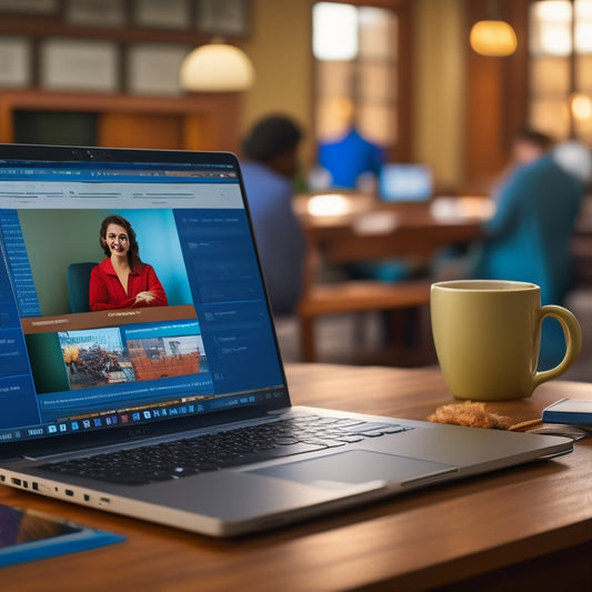 A laptop with an open GED prep course website on the screen, surrounded by books, pencils, and a cup of coffee, set against a blurred background of a quiet, organized study space.