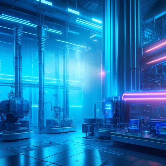 A futuristic factory interior with sleek, silver machinery and neon-blue circuits, surrounded by holographic displays and autonomous robots, amidst a backdrop of cityscape and clouds.