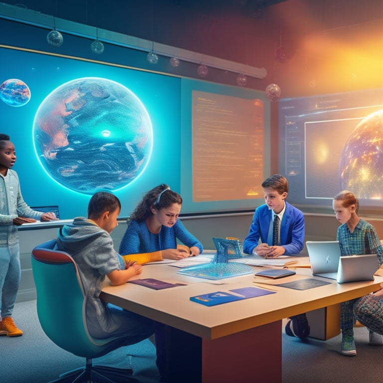 An illustration of a futuristic classroom with interactive whiteboards, 3D holographic projections of molecules and planets, virtual reality headsets, and students engaged in collaborative problem-solving activities.