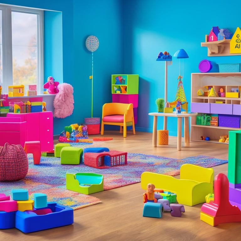 A colorful, clutter-free playroom with a diverse group of children aged 4-8 engaging with various educational toys, including puzzles, building blocks, and shape sorters, amidst scattered brain-teaser worksheets.