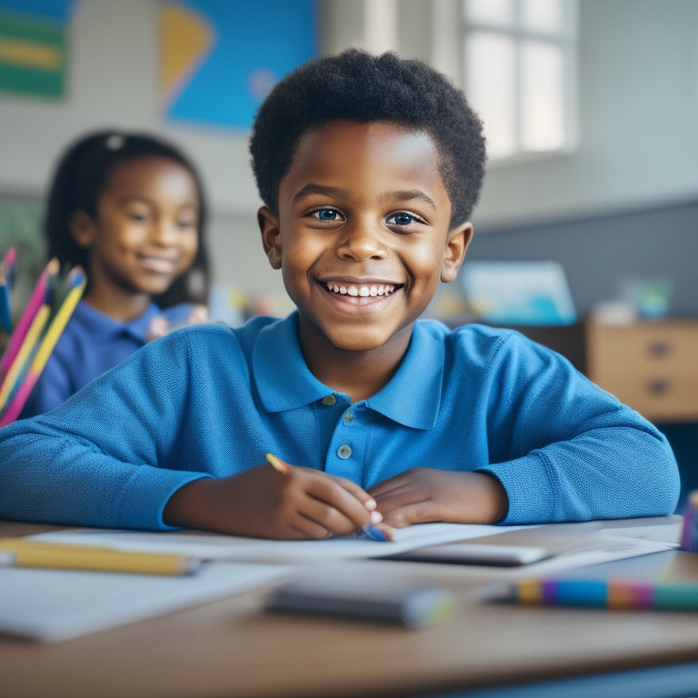 A colorful illustration of a smiling 3rd-grade student sitting at a desk, surrounded by worksheets and pencils, with a laptop and a tablet open in front of them, showcasing ease and excitement.