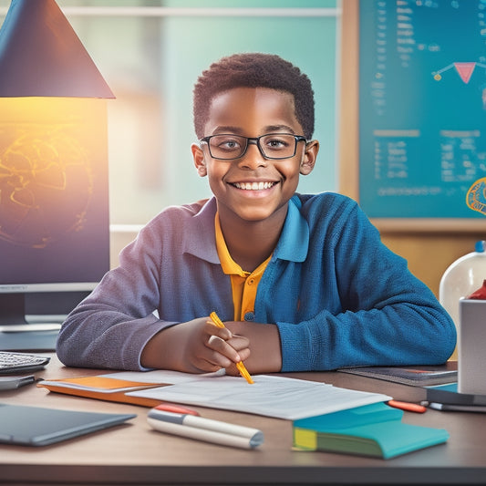 A colorful illustration of a smiling 5th-grade student sitting at a desk, surrounded by laptops, tablets, and math textbooks, with a subtle background of mathematical symbols and equations.