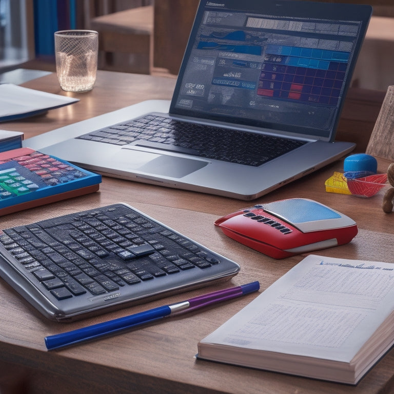 A cluttered middle school desk with open textbooks, scattered worksheets, and a calculator, contrasted with a sleek laptop and tablet in the background, displaying vibrant math graphs and interactive lessons.