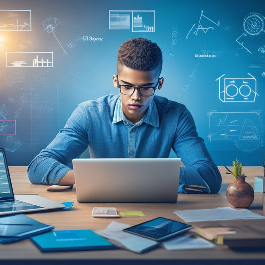 An illustration of a student sitting at a desk, surrounded by open laptops and tablets, with various math-related websites and online tools displayed on the screens, amidst a subtle background of mathematical symbols and formulas.