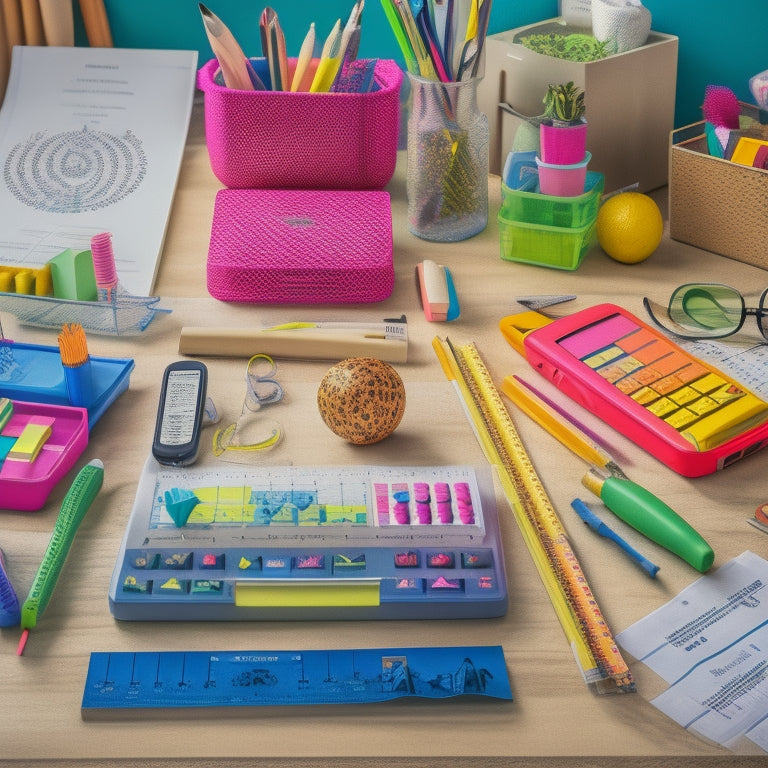 A colorful and organized desk scene with a 3rd-grade student's math homework spread out, surrounded by various tools like calculators, geometric shapes, pencils, rulers, and a multiplication chart in the background.