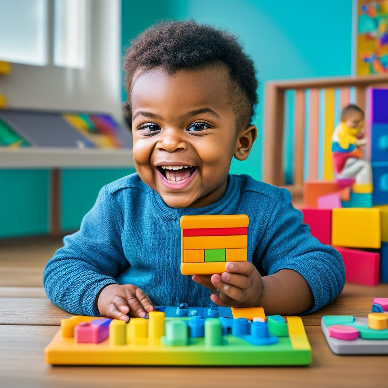 A colorful illustration of a smiling kindergarten-aged child sitting in front of a tablet, surrounded by engaging virtual learning tools, with a subtle background of building blocks and learning aids.