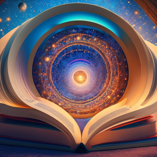 A swirling vortex of pages, each representing a different world, converges in the center, surrounded by glowing orbs and wispy threads, evoking a sense of limitless exploration and discovery.