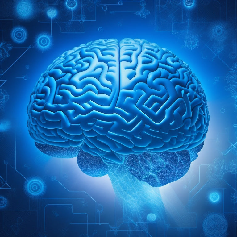 An illustration featuring a stylized, glowing brain surrounded by swirling math symbols, gears, and puzzle pieces in shades of blue and white, with subtle light rays and subtle grid patterns in the background.