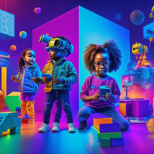 A colorful, whimsical illustration of diverse children aged 4-8 engaged in interactive math and science activities, surrounded by 3D shapes, blocks, robots, and virtual reality headsets, amidst a futuristic, neon-lit background.