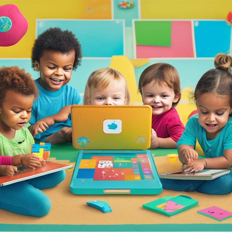 A colorful, clutter-free illustration of happy preschoolers (ages 3-5) gathered around a tablet, laptops, and desktop computers, engaged in various online math games with shapes, numbers, and fun characters.