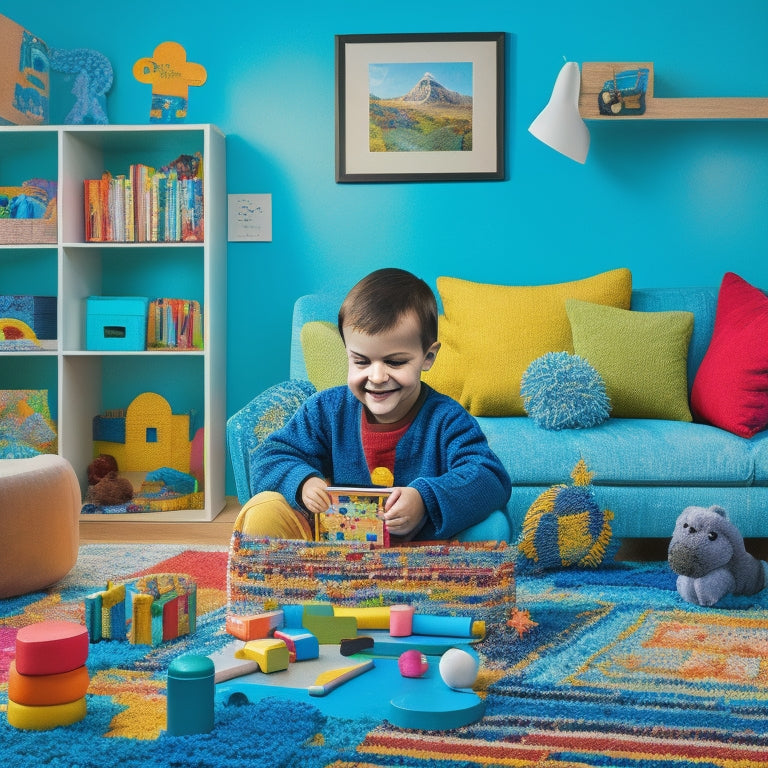 A colorful, clutter-free illustration of a happy autistic child surrounded by various learning tools, including a tablet with educational apps, puzzles, and sensory toys, in a cozy and organized playroom.