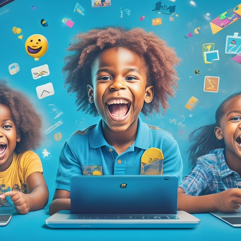 A vibrant, colorful illustration of a smiling kid surrounded by laptops, tablets, and smartphones, with virtual learning icons and emojis bursting out of the screens in a joyful, playful atmosphere.