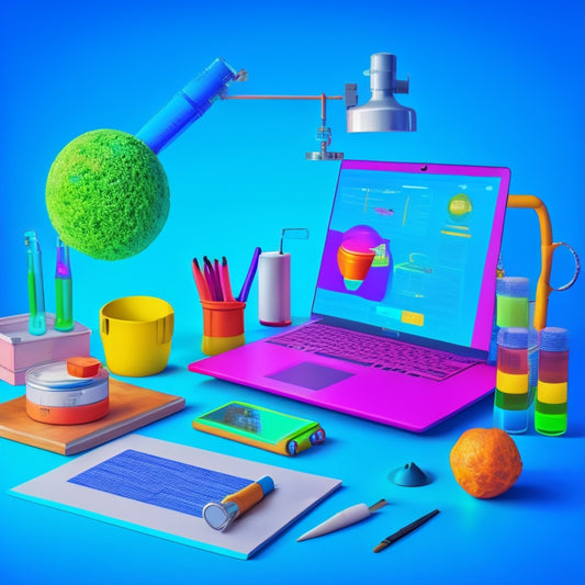 A colorful illustration of a virtual classroom with animated science tools, such as a microscope, globe, and beaker, surrounded by digital worksheets and laptops on a bright, blue background.