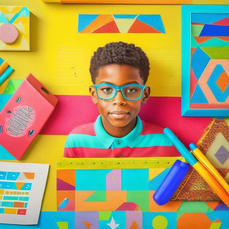 A colorful illustration of a middle school student surrounded by various geometric shapes, including triangles, circles, and quadrilaterals, with a pencil and ruler nearby, amidst a subtle grid background.