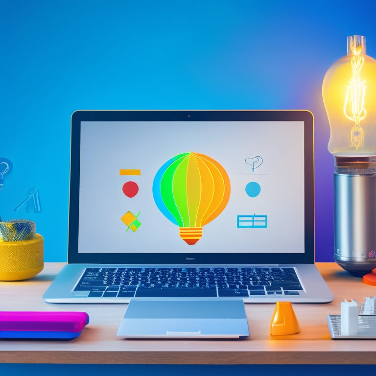 A colorful, minimalist illustration featuring a laptop screen displaying a interactive math lesson, surrounded by various digital tools and icons, with a subtle grid background and a bright lightbulb hovering above.