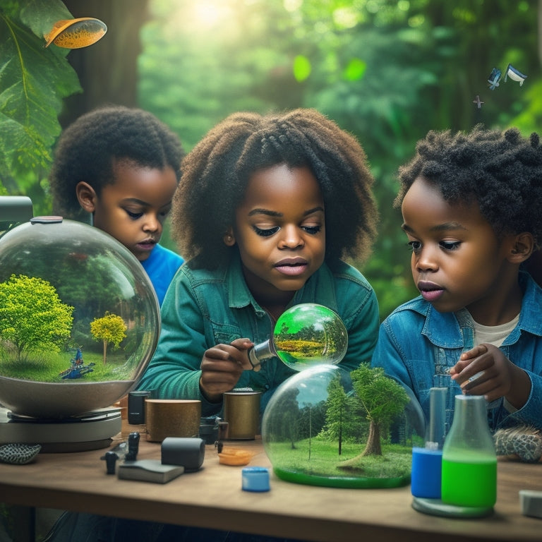 Illustrate a vibrant, sunlit scene of diverse children aged 6-12, surrounded by globes, microscopes, and telescopes, exploring a lush, green forest filled with butterflies and curious creatures.