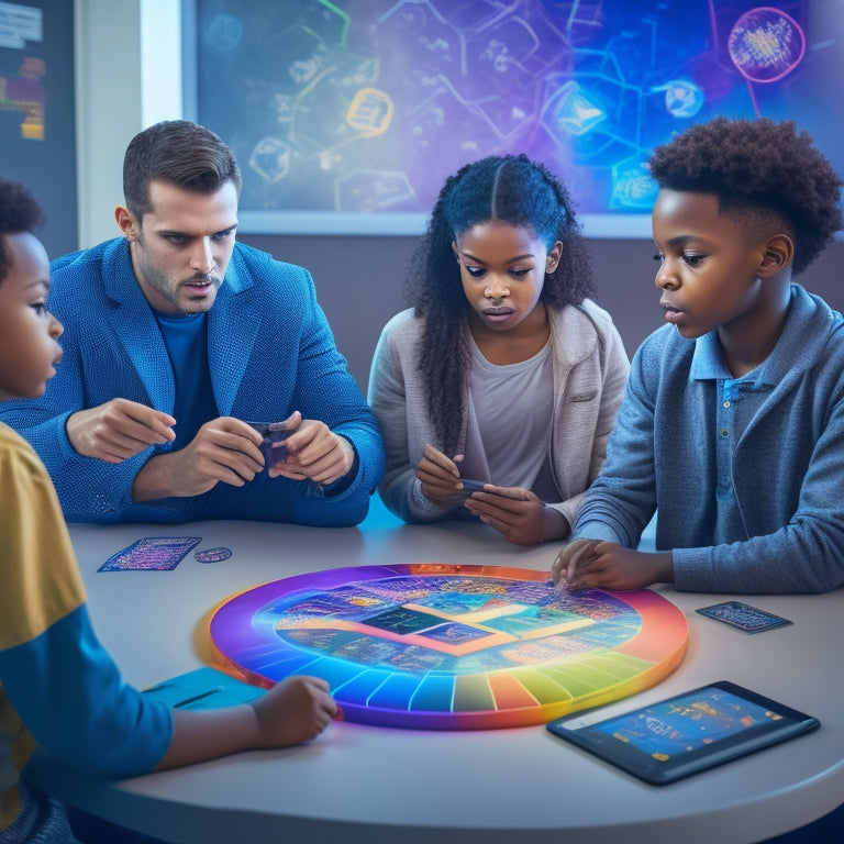 A vibrant, futuristic classroom scene with diverse students engaged in interactive math games on tablets and laptops, surrounded by colorful geometric shapes and swirling math symbols in mid-air.