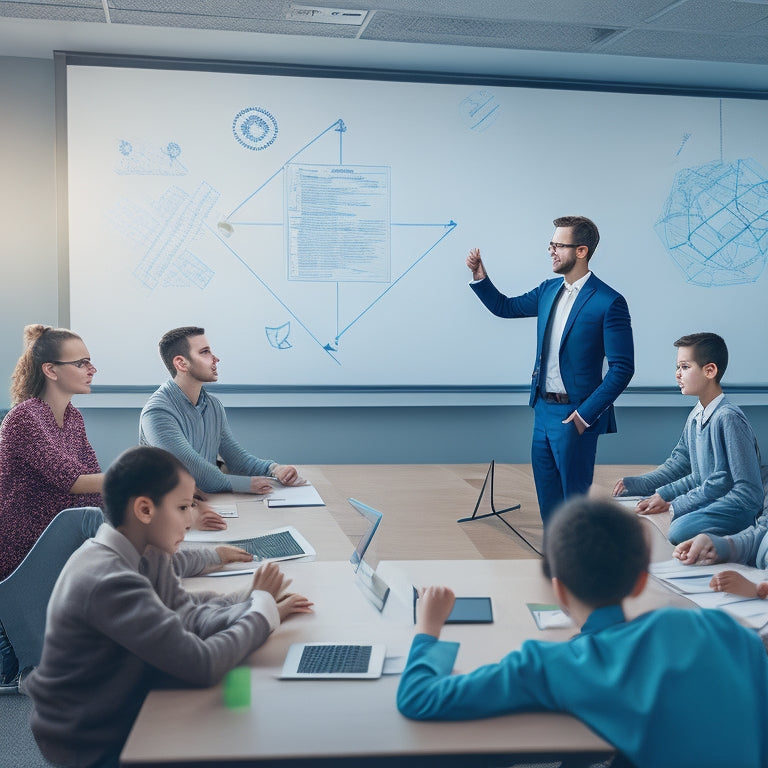 An illustration of a modern classroom with a teacher standing in front of a digital whiteboard, surrounded by students using laptops and tablets, with geometric shapes and mathematical symbols floating in the air.