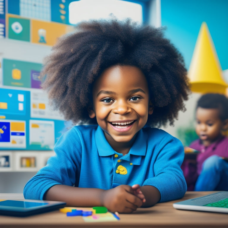 A colorful illustration of a smiling child sitting in front of a tablet, surrounded by virtual math tools and icons, with a subtle cityscape or classroom background, conveying fun and interactive learning.