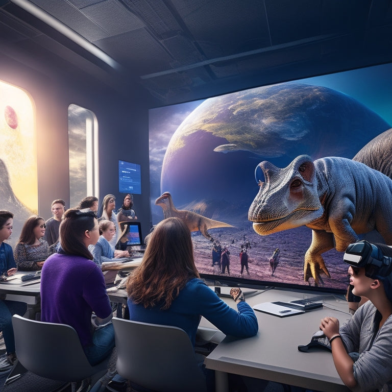 A futuristic, high-tech classroom with students wearing VR headsets, surrounded by 3D projections of the human brain, dinosaurs, and planets, with a virtual tour guide floating in the center.