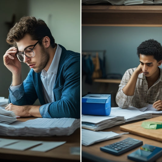 A split-screen image featuring a stressed student surrounded by crumpled papers and calculators on one side, and a calm student with a laptop and organized notes on the other, with a subtle math equation-filled background.